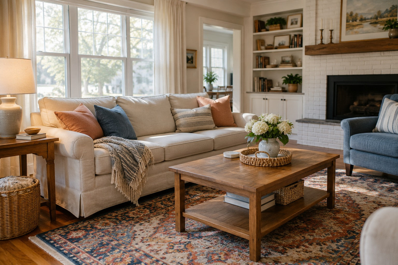 Bright family living room with cotton cushions and a colorful rug
