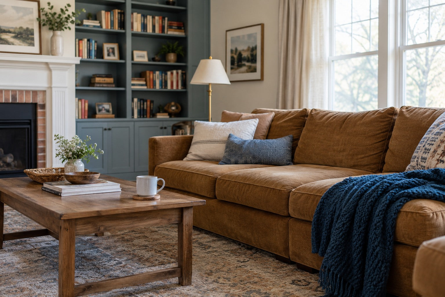 Comfortable home with a caramel sofa and a blue knit throw