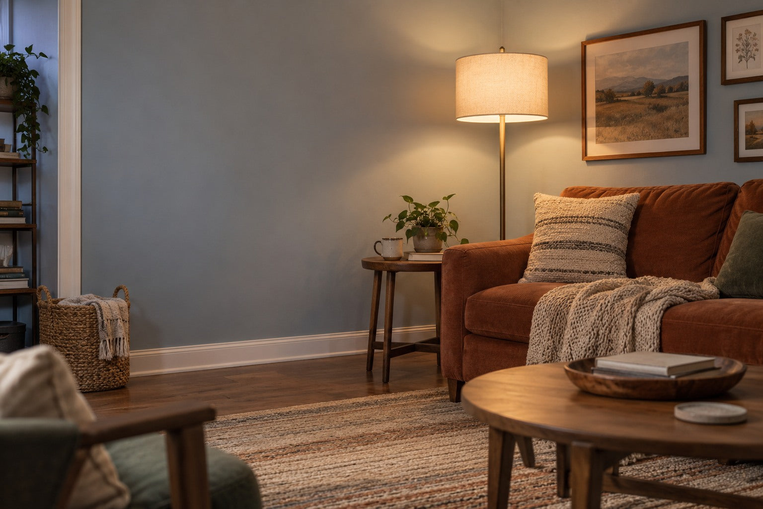 Cozy evening living room with a warm lamp and rust sofa