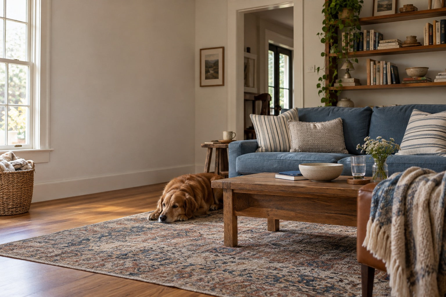 Everyday family room with a blue sofa and practical oak furniture