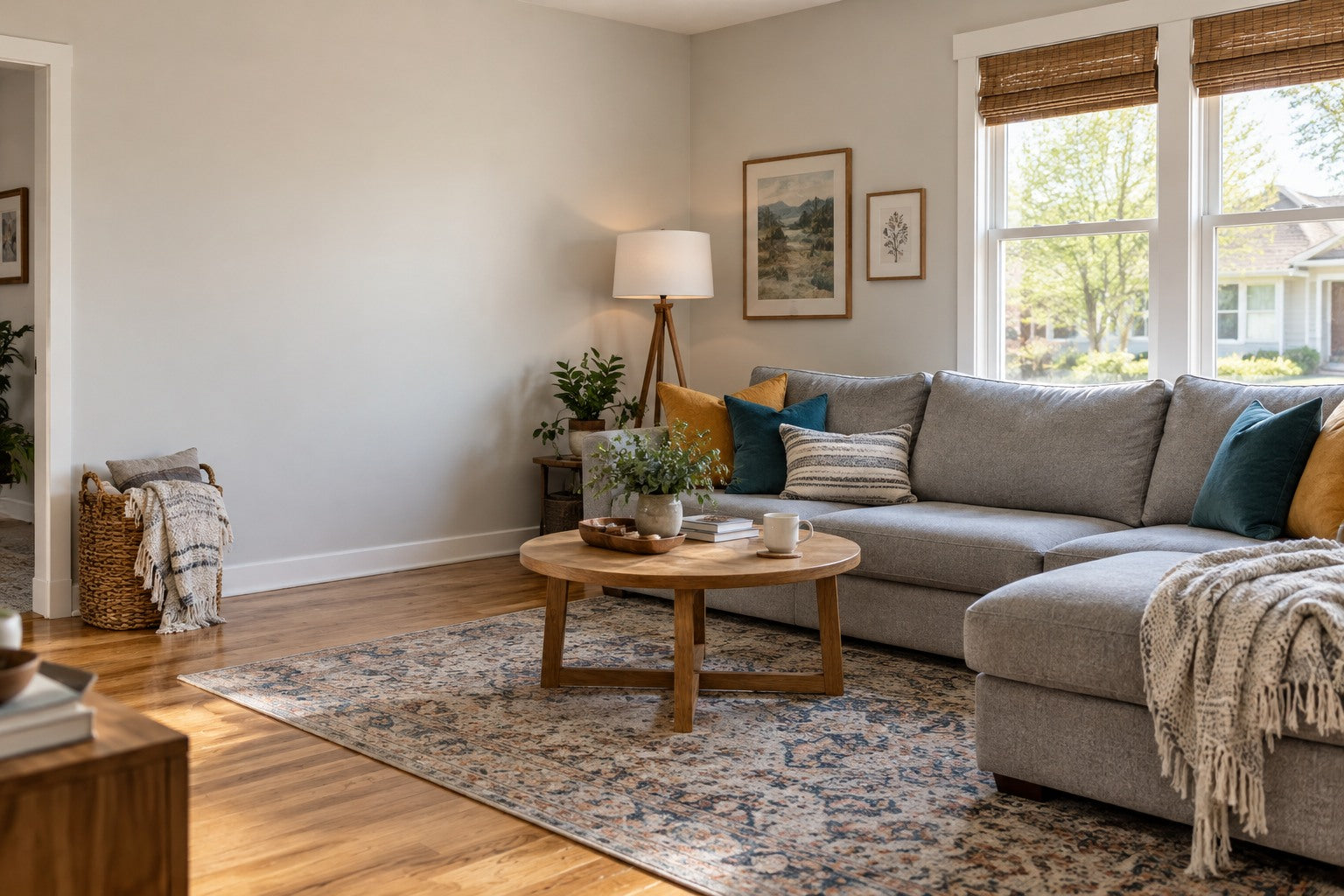 Comfortable American living room with a grey sectional and colorful cushions